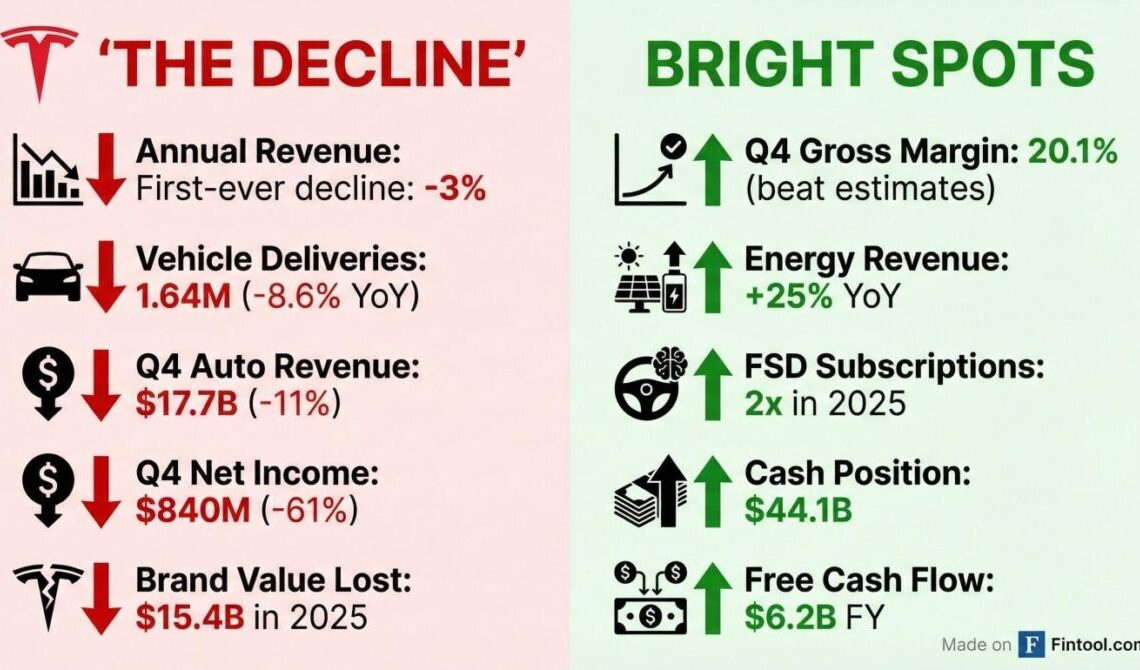 Tesla infographic showing declines in revenue, deliveries, and net income alongside growth in margins, energy revenue, FSD subscriptions, and cash position