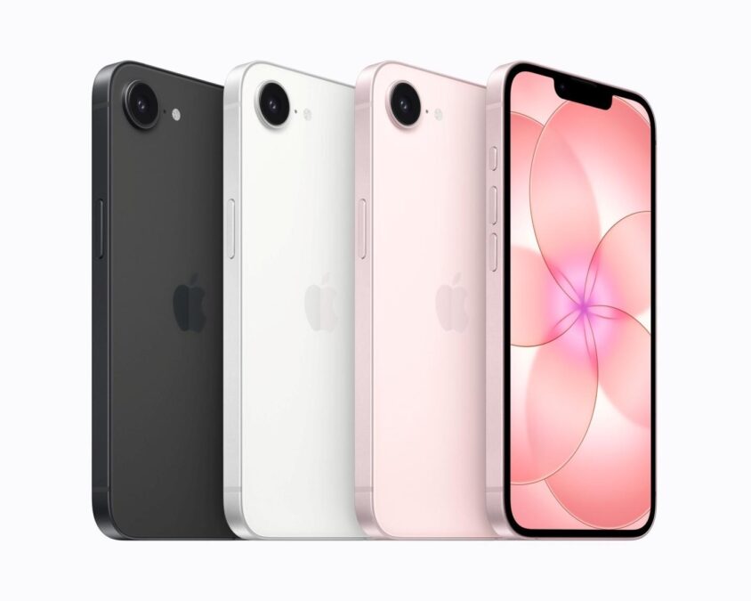 Apple iPhones in black, white, and pink with front‑facing pink model showing abstract wallpaper