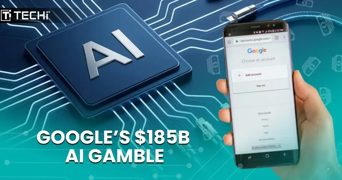 Google $185B AI gamble graphic with AI chip, Google login screen, and financial connectivity symbols under TECHi branding.