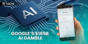 Google $185B AI gamble graphic with AI chip, Google login screen, and financial connectivity symbols under TECHi branding.
