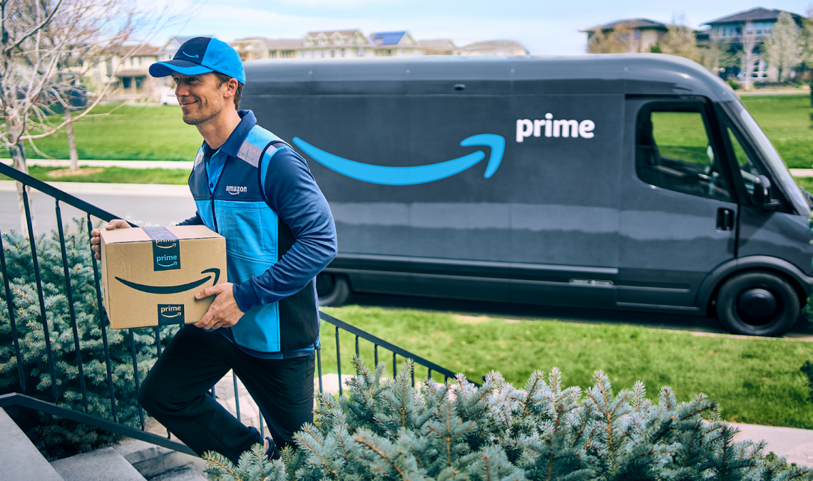 Amazon Prime delivery graphic showing associate with package and branded van in suburban neighborhood.